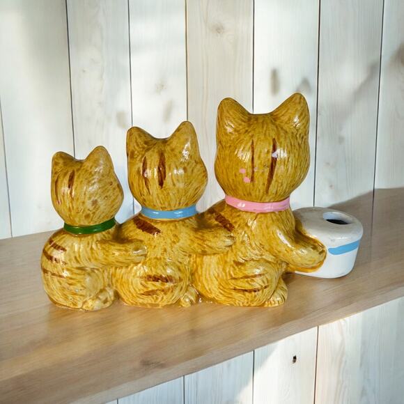 VINTAGE Taiwan 1970 Orange Ginger Tabby Cat Kitten Trio Candle Holder Figurine - Picture 3 of 5